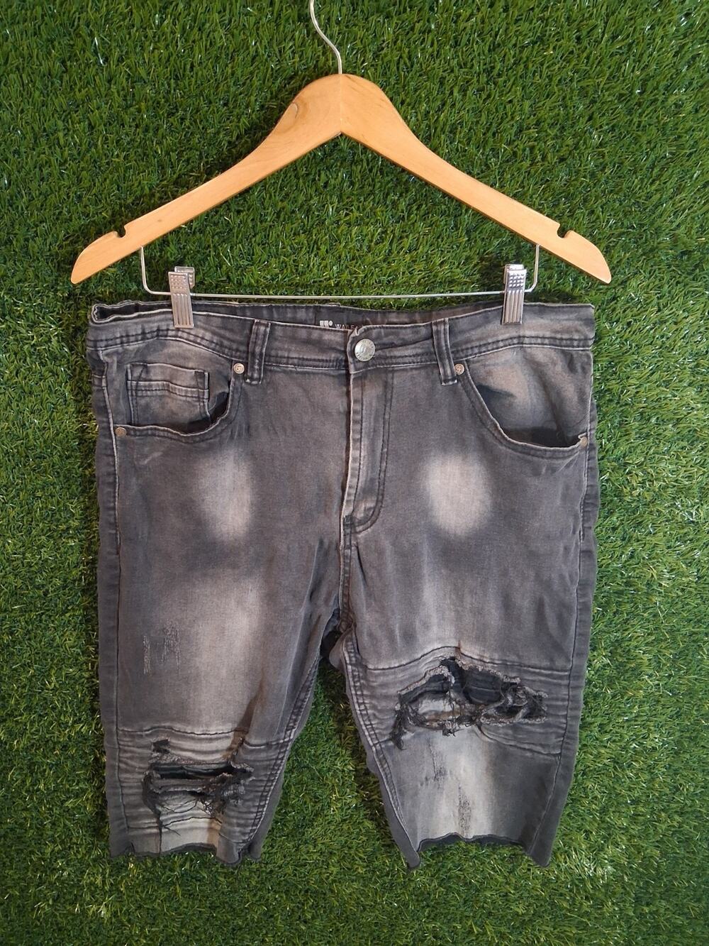 WAIMEA Men's Black Distressed Moto Denim Shorts Skinny Fit Size 34 Biker Punk